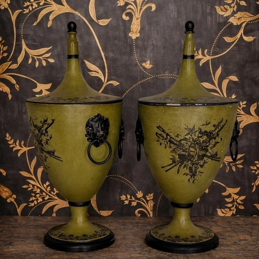 Mid Century Italian Olive Tole Urns Pair Signed